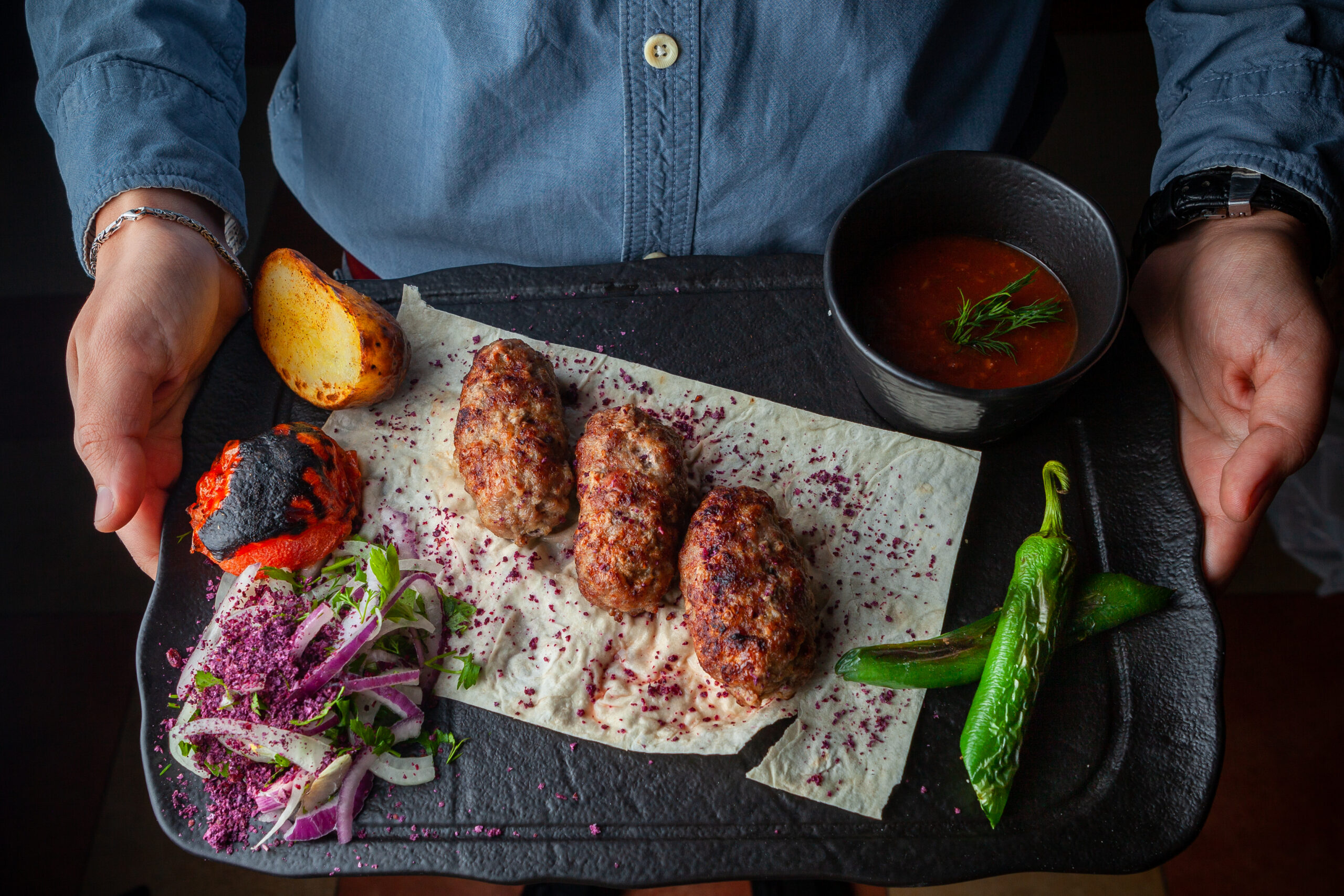 Fresh Lebanese Kofta Kebabs Served With Grilled Sides